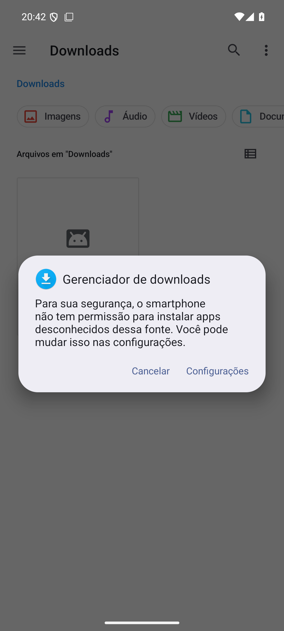 Aviso do Android com o botão Configurações para permitir a instalação