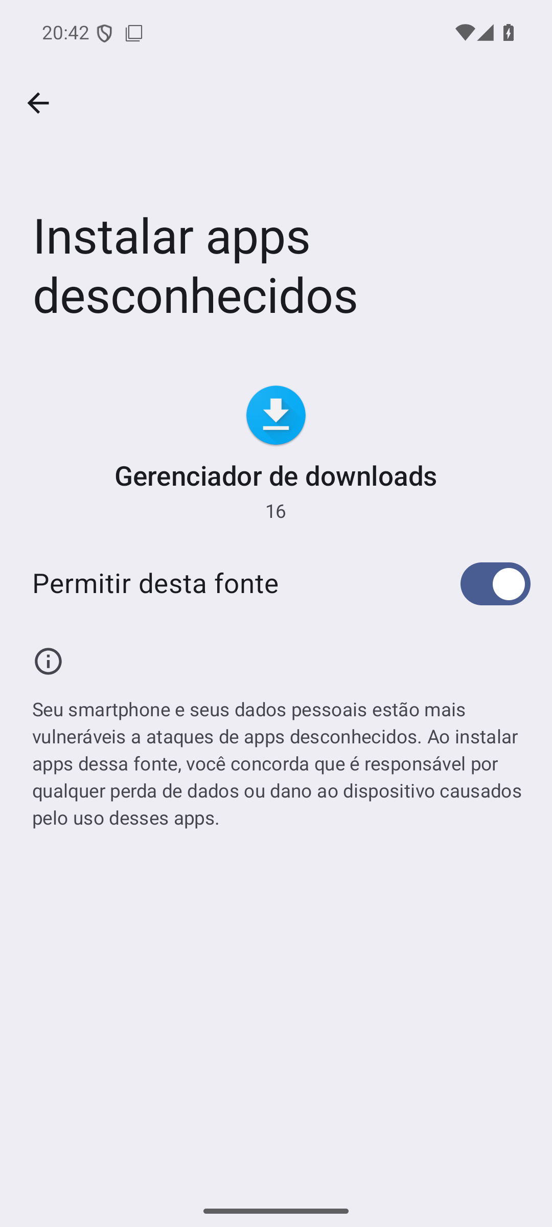 Configuração do Android mostrando a opção Permitir desta fonte
