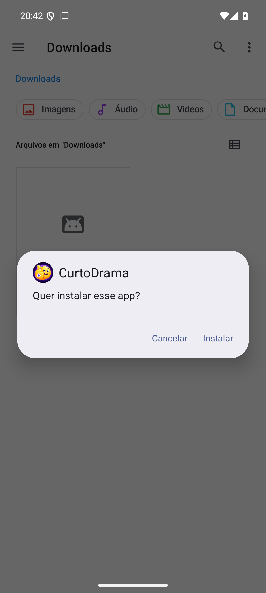 Instalador Android com o aplicativo CurtoDrama e o botão Instalar